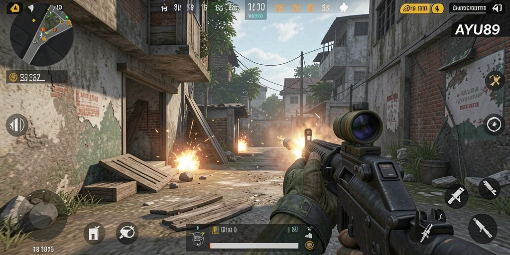 Screenshot gameplay AYU89 yang menampilkan aksi FPS mendebarkan.