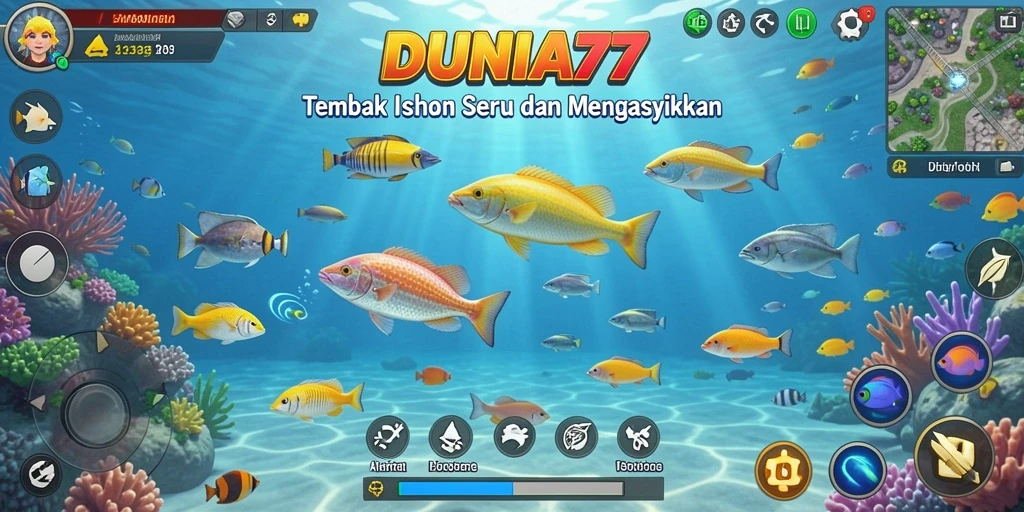 Screenshot DUNIA77 menampilkan keseruan gameplay Tembak Ikan.