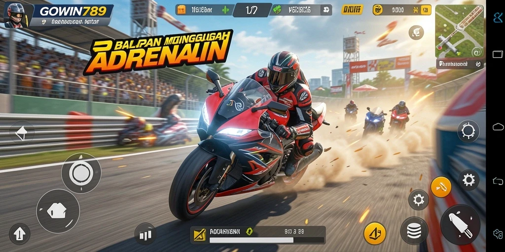 Gameplay GOWIN789 dengan sepeda motor balap yang terbang di lintasan.