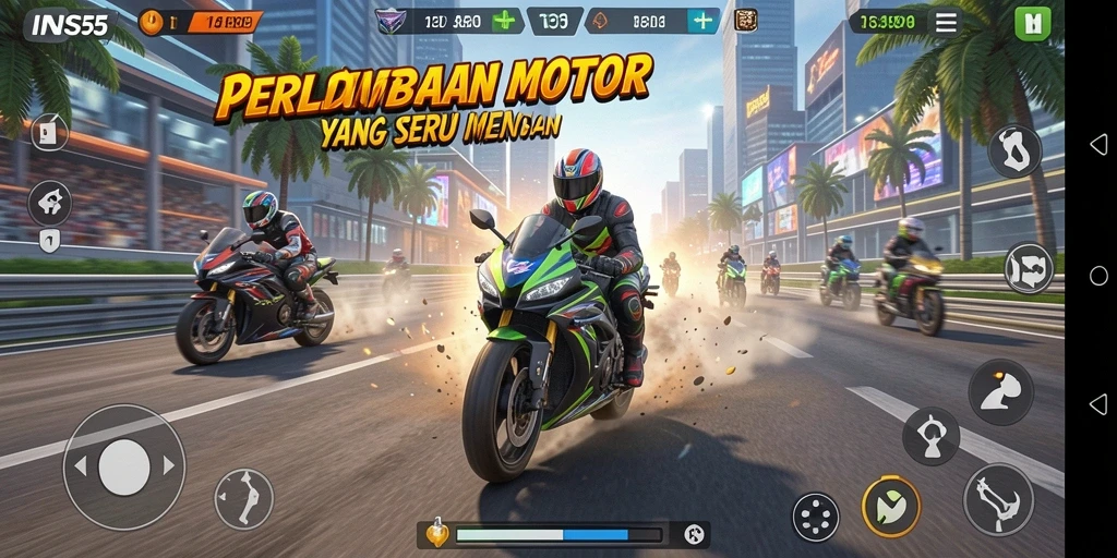 Screenshot INS55 menampilkan aksi balapan motor yang mendebarkan dan penuh kecepatan.