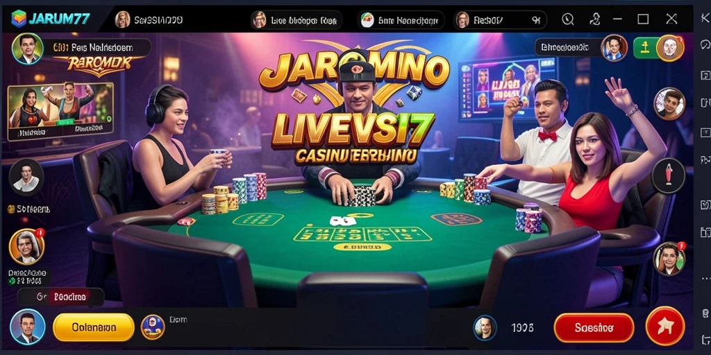 Screenshot gameplay JARUM77 menampilkan dealer nyata dan suasana kasino yang mengesankan.