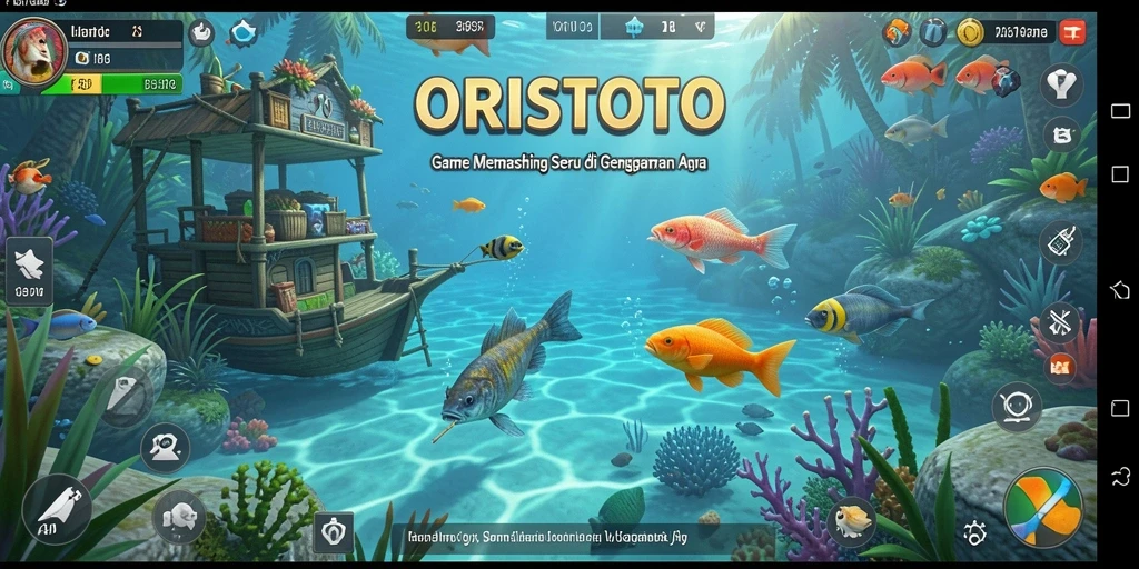 Tampilan gameplay ORISTOTO yang seru saat memancing ikan besar.
