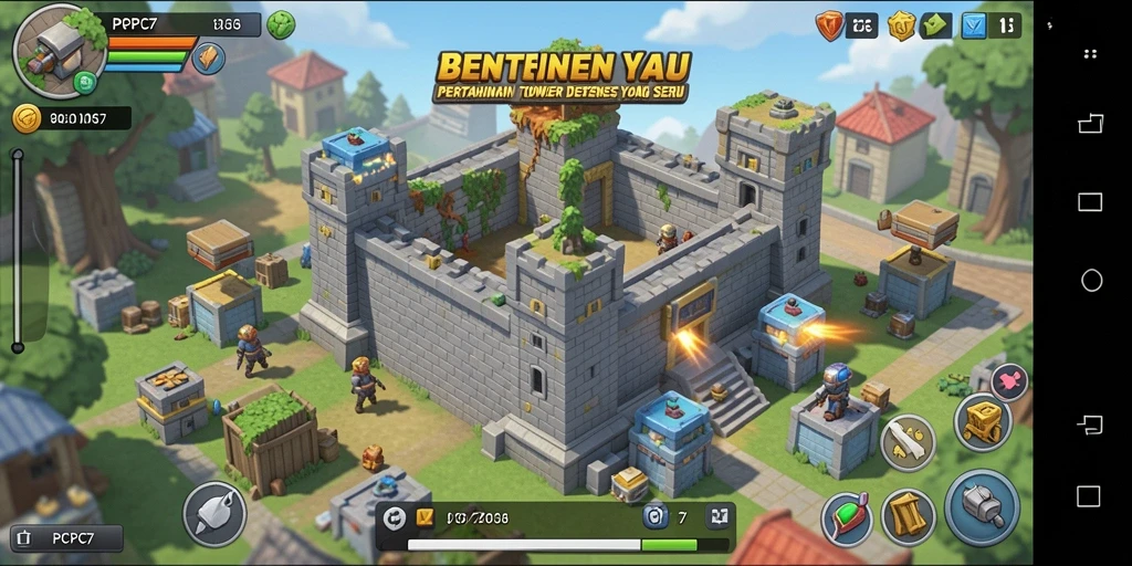 Screenshot gameplay PCPC7 menunjukkan menara yang siap mempertahankan benteng.