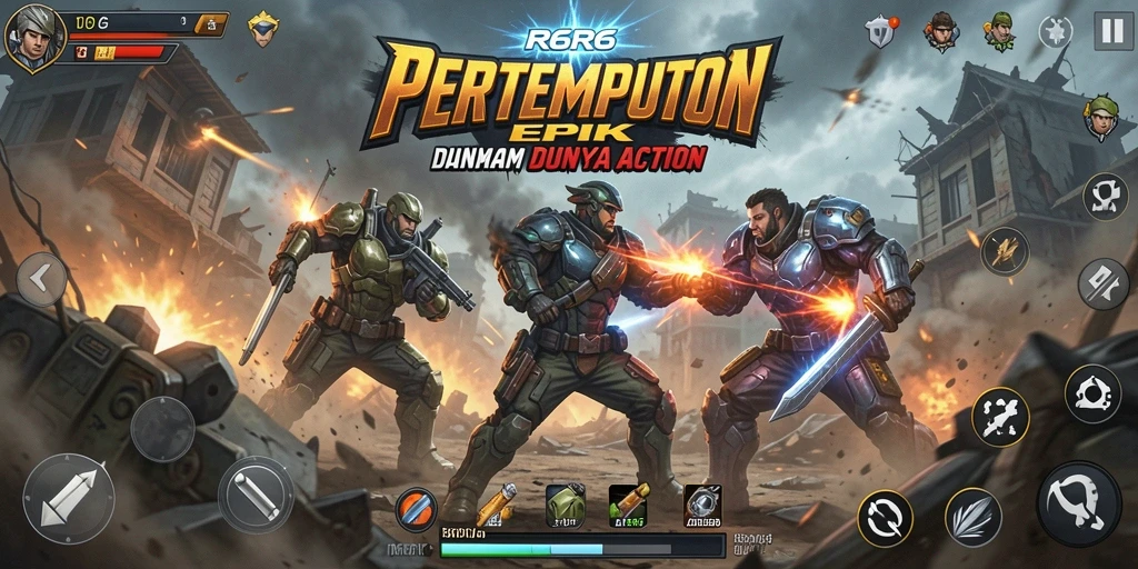 Screenshot R6R6 menampilkan momen pertempuran seru dalam gameplay action.